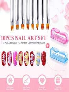 10Pcs Nail Art Tool Set, 8 Nail Painting Brushes With 2 Handheld Nail Cleaning Brushes - Multicolor - View 2