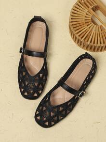 Women's Embroidered Buckle Mary Jane Shoes, V-Neck Slip-On Ballet Shoes - Black - View 11