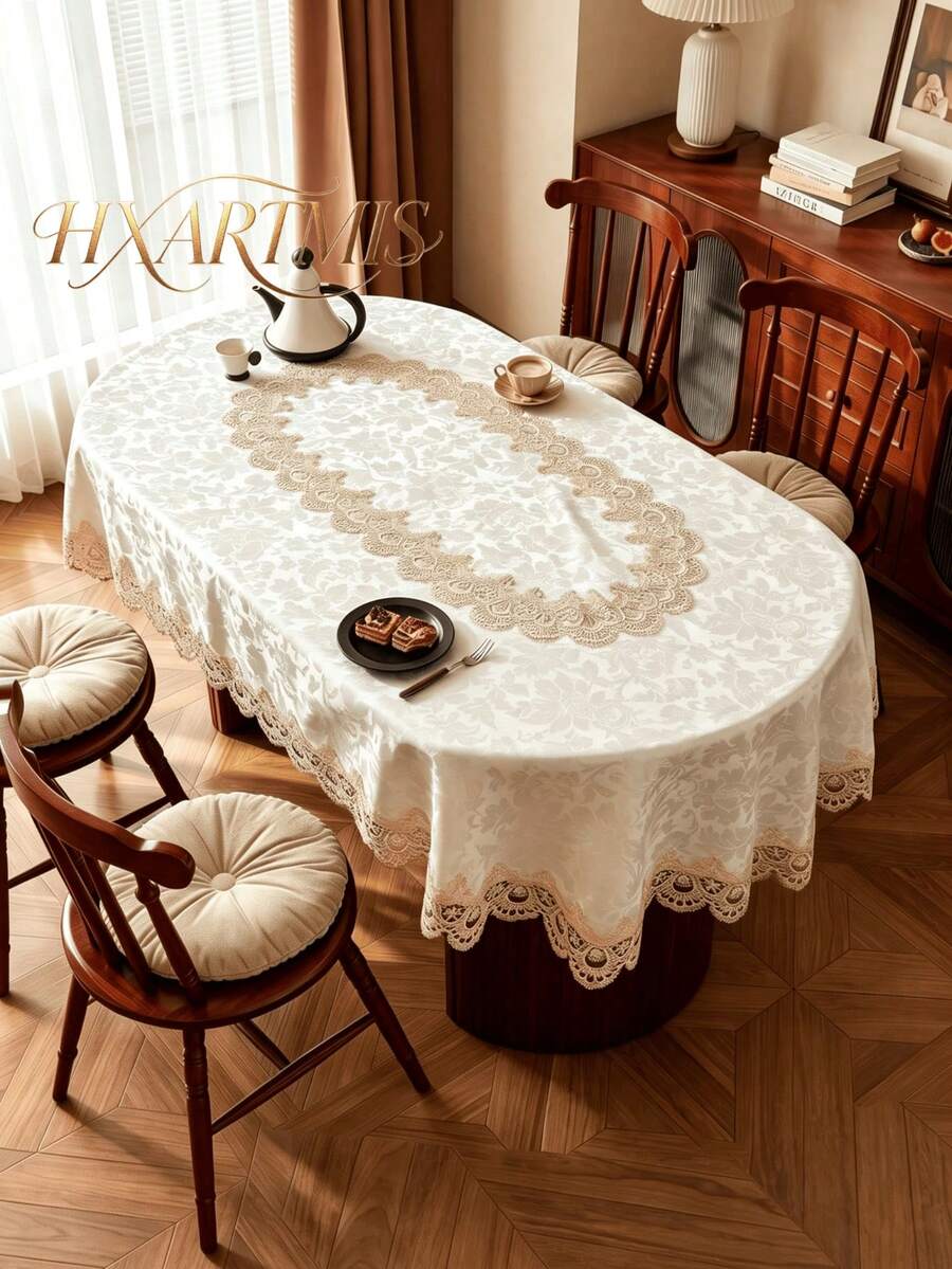 HXARTMIS 1pc Elegant White Jacquard Embroidered Trimmed Tablecloth, Vintage Floral Embossed Rectangular Table Cover, Suitable For Home Dining Table, Outdoor Patio, Wedding Party - Beige - View 1