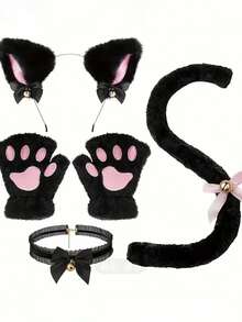 5PCS/Women Cat Ear & Tail Costume Set, Suitable For Cosplay, Adjustable Headband & Tail, Fluffy Cat Accessories, Applicable For Theme Parties, Halloween Various Role Play Costume Props. - Black - View 4
