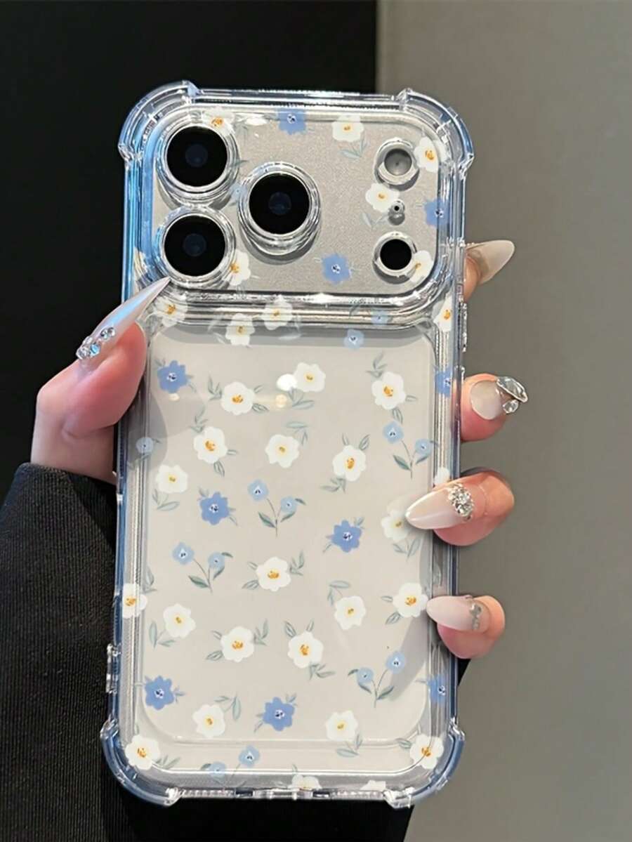 بطانية هاتف TPU ناعم شفاف بزهور بيضاء وزرقاء فاتحة مع وسادة هوائية مقاومة للصدمات، غلاف حماية شفاف بزهور باستيل متوافق مع Apple 18 Pro/17/16/15/14/13/12/11 Pro Max Plus - شفاف - مشاهدة 1