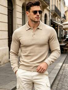 Men's Autumn Casual Fashion Daily Commute Jacquard Polo Shirt With Turn-Down Collar - Khaki - View 3