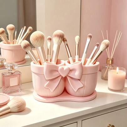 1pc Pink Double Slot Butterfly Heart Makeup Brush Holder, Girly Style Dual Cup Cosmetic Organizer, Divided Vanity Container For Storing Makeup Brushes, Lipsticks And Eyeliner Pencils, Cute Vanity Desktop Decor, Sweet Gift For Girls