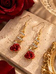1 Pair Women's Red Rose Drop Earrings, Golden Color Spiral Dangle Earrings With Rhinestone Accent, Romantic Vintage Statement Jewelry - Red - View 3