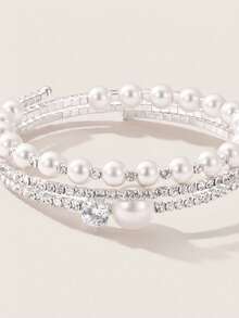 Valisandre 1pc Fashionable Luxurious Rhinestone & Faux Pearl Hinged Bangle Bracelet, Suitable For Wedding And Daily Wear - Silver - View 3