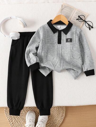 Autumn/Winter Boys 2-Piece Set, Boys Jacquard Letter Polo Shirt And Long Pants Outfit, Casual Children's Clothing, 4-7Y Student Gift, Daily Wear