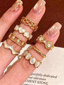 7pcs Fashion Ins Style Vintage Sun Heart Wave Geometric Oil Drop Ring Set, Stackable, Suitable For Women's Daily Commute, Party And Vacation Wear - White - View 1