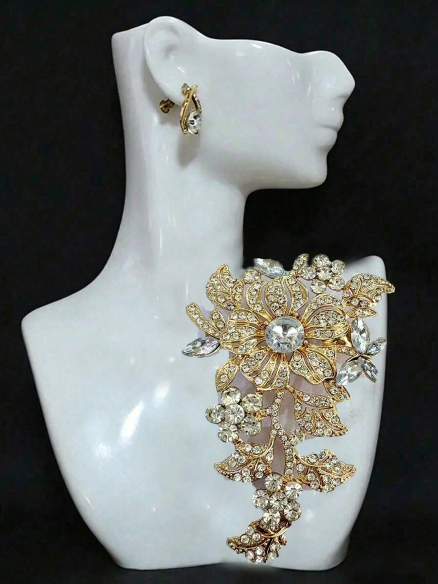 Women's Full Rhinestone Flower Brooch, Fashion Exaggerated Luxury Crystal Brooch Accessory - Gold - View 1