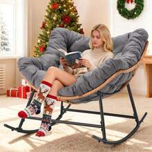 Grey Indoor Outdoor Rocking Chair, Oversized Papasan Chair With Thick Cushion, Modern Wide Lounge Rocker Recliner For Balcony Garden Living Room - Grey - View 1