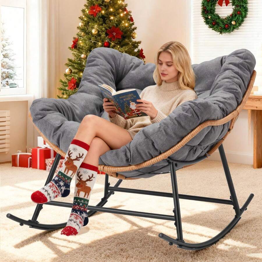 Grey Indoor Outdoor Rocking Chair, Oversized Papasan Chair With Thick Cushion, Modern Wide Lounge Rocker Recliner For Balcony Garden Living Room - Grey - View 1