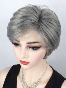 8 Inch Short Gray Wig For Middle-Aged And Elderly Women, With Rose Patterned Mesh Cap, Made Of High-Density Heat-Resistant Fiber, Straight Style, Suitable For Daily Wear Or Mother's Day, Beginners Can Quickly Increase Hair Volume And Coverage - Grey - View 4