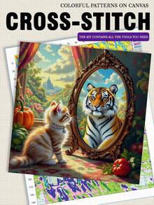 11/14CT Printed Cross Stitch Set. Cat Tiger Patterns Cross Embroidery Patterns. Adult Beginners Relax And DIY. Including Fabric, Needles, Threads, And Illustrations. No Frame. Handmade Wall Decoration Gifts. 40x40cm/15.7x15.7in - 40x40cm/15.7x15.7in - View 2