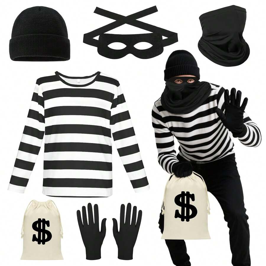 6Pcs Unisex Thief Costume Accessories Set, Couple Halloween Robber Outfit Beanie, Mask, Gloves, Neck Mask & Party Bag - Multicolor - View 1