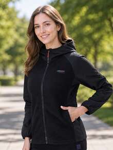 Jaket Fleece Berkerudung untuk Wanita, Cocok untuk Aktivitas Luar Ruangan Mendaki dan Panjat Tebing, Atasan Fleece Tebal - Hitam - View 2