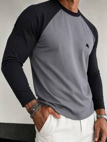 Men's Spring/Autumn Fashion Versatile Colorblock Patchwork Minimalist Horse Print Crew Neck Long Sleeve T-Shirt - Black - View 3
