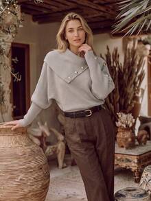 NiceArt Women's Autumn/Winter Vintage Asymmetrical Collar Knit Sweater, Metal Button Long Sleeve Pullover, Autumn Outfit, Party, Halloween - Khaki - View 3