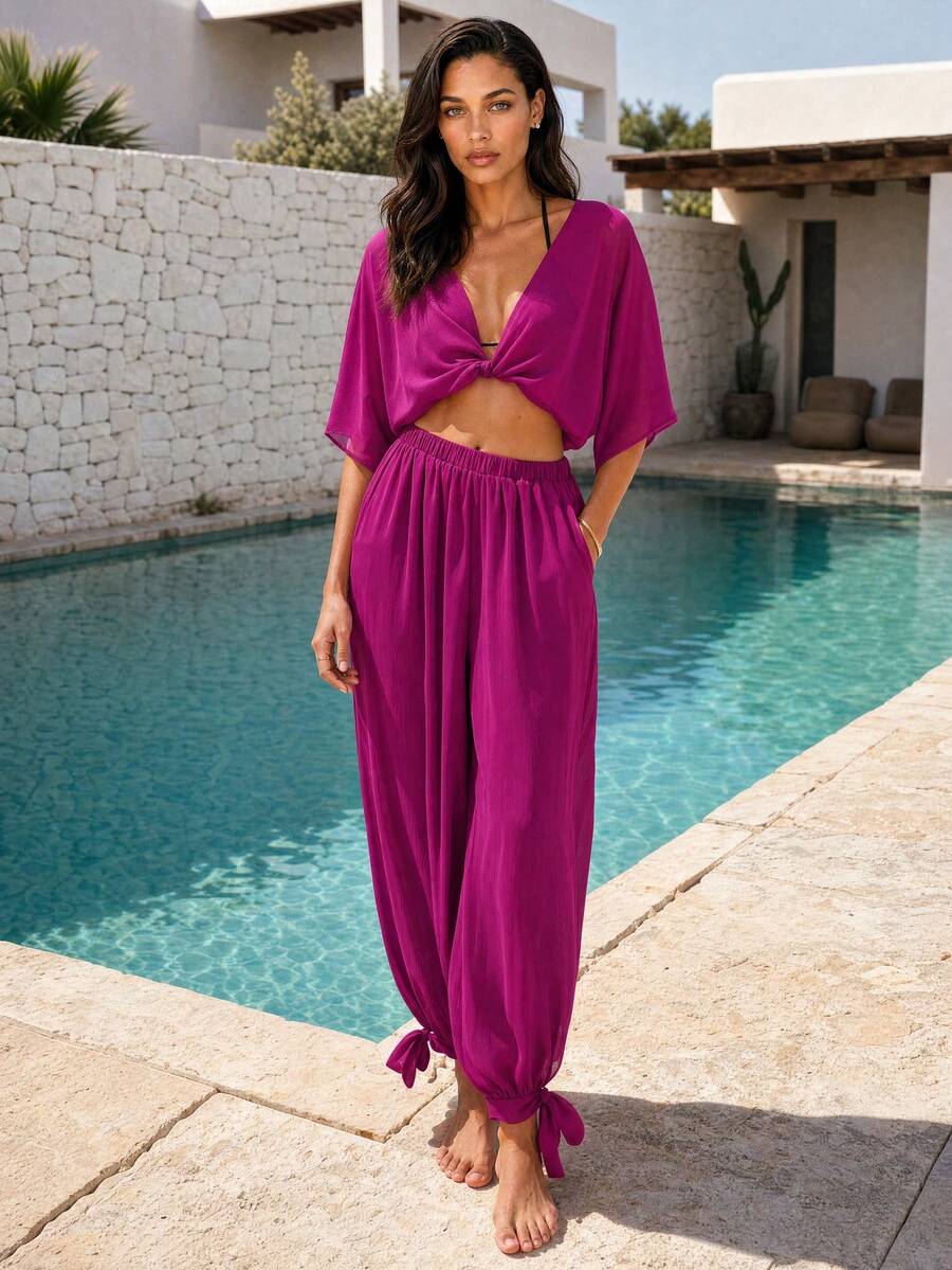 Dancing Leopard Purple Relaxed Balloon-Leg Ankle-Tie Pants, Holiday/Vacation Wear - Purple - View 1