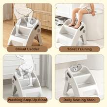UBRAVOO 3 Tier Toddler Step Stool With Handles, Foldable Kids Learning Tower For Kitchen Counter, Cute Bear Potty Training Toilet Chair, Grey - Grey - View 3