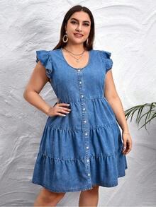Vestido de mezclilla Prive Plus con botones delanteros y bajo con volantes - Azul lavado medio - Ver 1