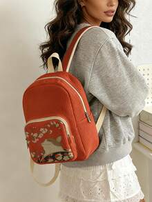 1PC Women's Mini Backpack, Corduroy Girls School Bag, Travel Storage Bag, Kitten Print Design, Large‑Capacity Foldable Easy‑To‑Store Bag, Lightweight & Pressure‑Relieving, Multi‑Pocket Layered Design With Zipper Closure - Flower Cat 3333565 - View 2