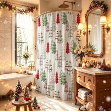 1pc Christmas Tree Letter Shower Curtain, Vintage Design, Waterproof Bath Curtain, Suitable For Bathtub Partition, Bathroom Decor And Bathroom Accessories, Home Decor Gift, Comes With 12 Hooks - Multicolor - View 2
