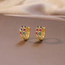 Multi-Color Vintage Palace Style Colorful Rhinestone Inlaid Gold Hoop Earrings, Luxury Sparkling Women's Party Daily Versatile Earring Gift - Multi-color 2 - View 10