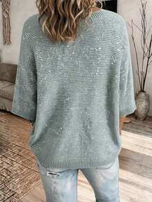 Plus Size Women's Green Knit Sequin Sweater, 3/4 Sleeve Round Neck Regular Fit Top, Suitable For Autumn - Mint Green - View 4