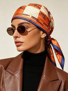 1pc Vintage Equestrian Leather Strap Chain Print Satin Square Scarf, Multi-Functional Retro Headscarf, Scarf, Bag Decoration Accessory, Suitable For Women - Multicolor - View 10