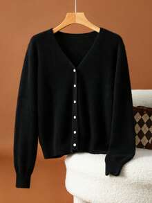 HEYMINI Women's 100% Cashmere V-Neck Cardigan, Lightweight Soft Front-Opening Long Sleeve Sweater, Suitable For Autumn/Winter - Black - View 9