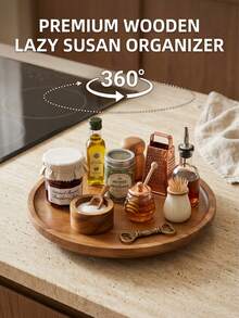 360° Rotating Kitchen Spice Rack, Kitchen Storage And Organization, Kitchen Accessories, Round Turntable, Wooden Tray, Spice Container, Kitchen Storage Utensils, Kitchen Decor, Turntable, Rotating Wooden Tray, Suitable For Kitchen Cabinets And Storage Cabinets, Housewarming Gift, New Year, Graduation, Birthday Gift - Camel - View 2