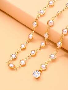 1pc Bridal Round Rhinestone Choker Necklace + Long Pearl Back Drop Necklace Design, Backless Wedding Dress Jewelry - Rhinestone - View 7