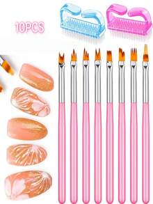 10Pcs Nail Art Tool Set, 8 Nail Painting Brushes With 2 Handheld Nail Cleaning Brushes - Multicolor - View 1