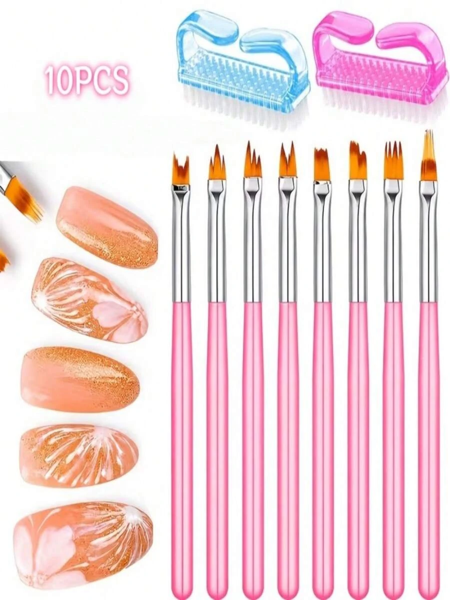 10Pcs Nail Art Tool Set, 8 Nail Painting Brushes With 2 Handheld Nail Cleaning Brushes - Multicolor - View 1