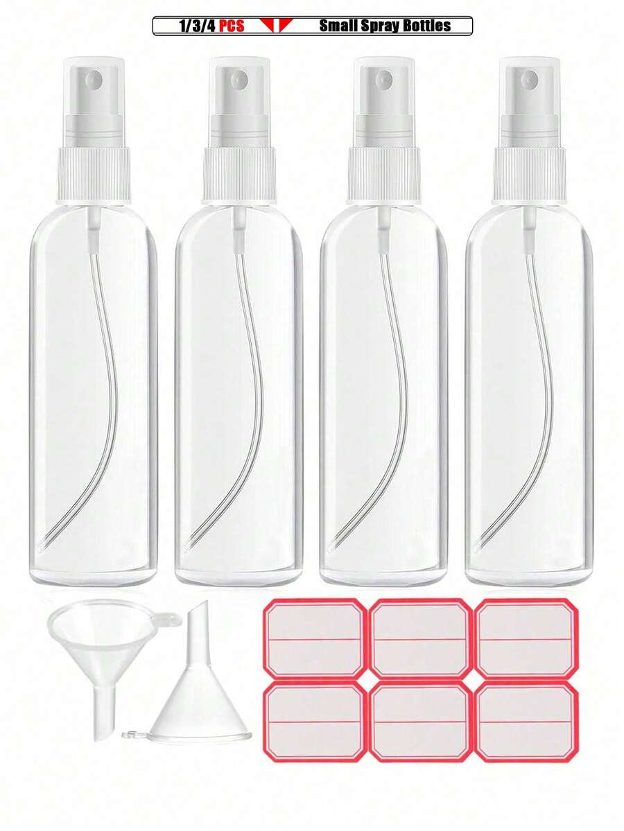 1/3/4件組 (100ml/30ml) 旅行噴霧瓶，細霧、可重複填充、可重複使用、防漏，透明塑膠迷你漏斗，手寫標籤，可重複使用塑膠容器，適用於化妝品、洗手液和防曬霜，適合旅行和居家使用
