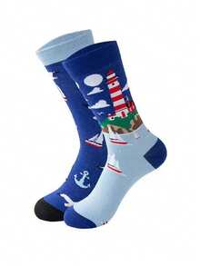 1 Pasang Kaos Kaki Asimetris Wanita Setinggi Betis, Motif Mercusuar, Burung Camar, dan Perahu Layar Gaya Bahari, Kaos Kaki Kasual Desain AB yang Dipersonalisasi - MultiWarna - View 2