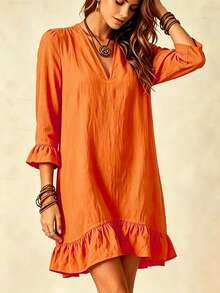 Women's Casual V-Neck 3/4 Sleeve Loose Ruffle Hem Dress, Breathable Comfortable Slimming Dress, Versatile For Vacation, Daily Wear And Commuting - Orange - View 3