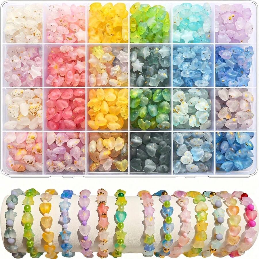 720pcs 10mm X 9mm Frosted Gold Foil Star Heart Acrylic Beads, Mixed Colors DIY Jewelry Making - Gold Glitter Stars - View 1
