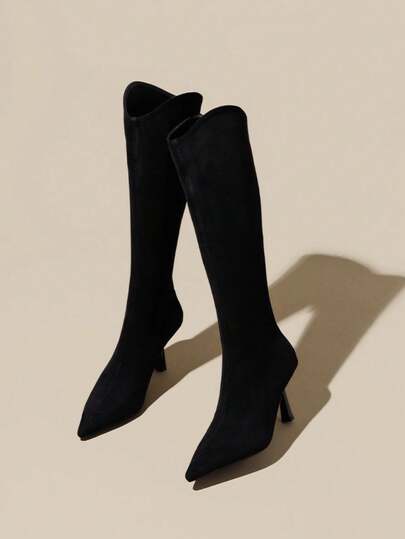 hanxiangyuzu Sepatu Bot Wanita Model Stiletto Ujung Lancip Setinggi Lutut Musim Gugur/Dingin 2026, Sepatu Bot Seksi Baru Warna Hitam untuk Liburan