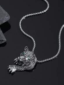 1pc Fashion European & American Vintage Hip Hop Leopard Head Necklace Pendant, Suitable For Men's Daily Streetwear And Party Wear - Antique Silver - View 3