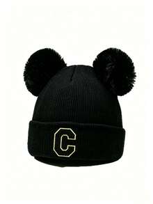 1pc Black Fashionable 26 Letter Patch Random Versatile Street Style Beanie Hat Unisex Warm & Cold-Proof Knitted Cap - A - View 7