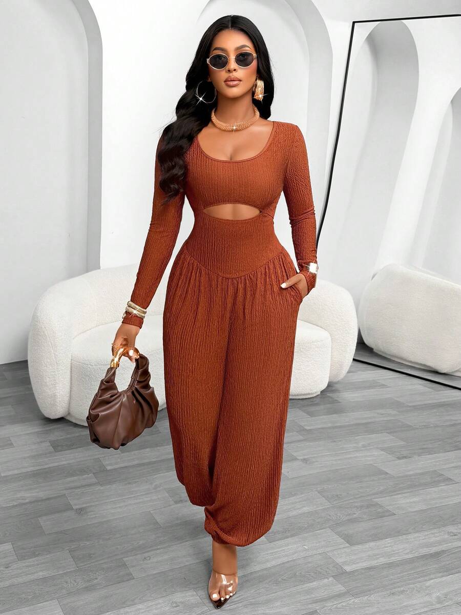 Women's Autumn Knit Oversized Scoop Neck Jumpsuit, Hollow Waist Design, Long Sleeve Ruched Detail, Long Jumpsuit, Suitable For Holiday Wear - Brown - View 1