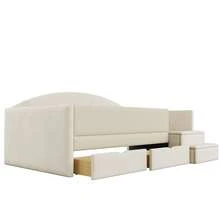Upholstered Sofa Bed, 90*190 Cm, Multifunctional Bed With Two Drawers And Side Rails, With Steps, Soft Velvet Fabric, No Mattress, Beige - Beige - View 7