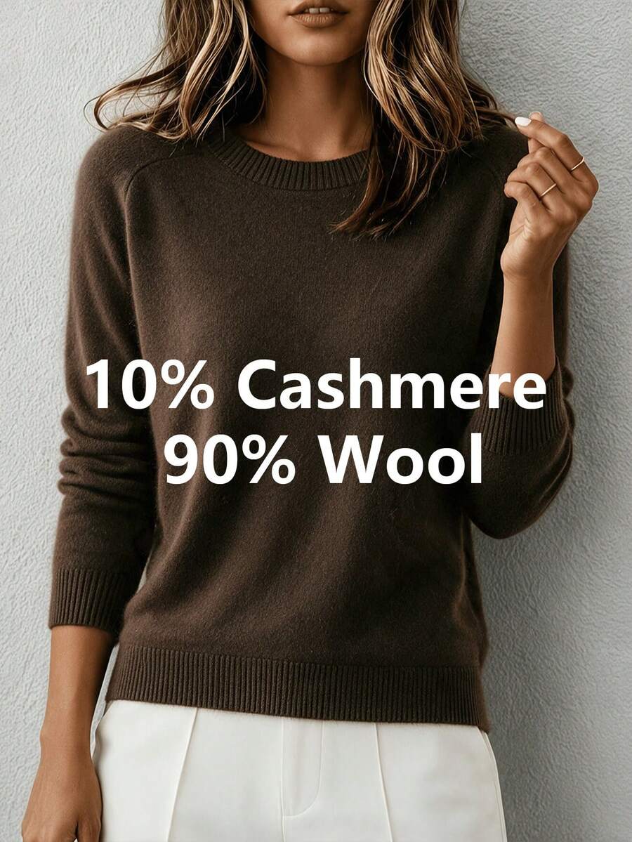 HEYMINI Women's Long Sleeve Basic Crew Neck Wool Sweater, Comfortable Solid Color Knit Pullover, Suitable For Autumn/Winter Wear - Coffee Brown - View 1