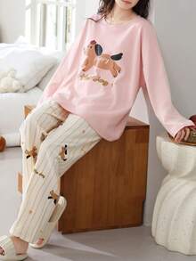 2pcs/Set Women's Pajamas Homewear Set, Couple Style Pullover Round Neck Cute Puppy Print Long Sleeve Long Pants, Comfortable For Home - Pink - View 2