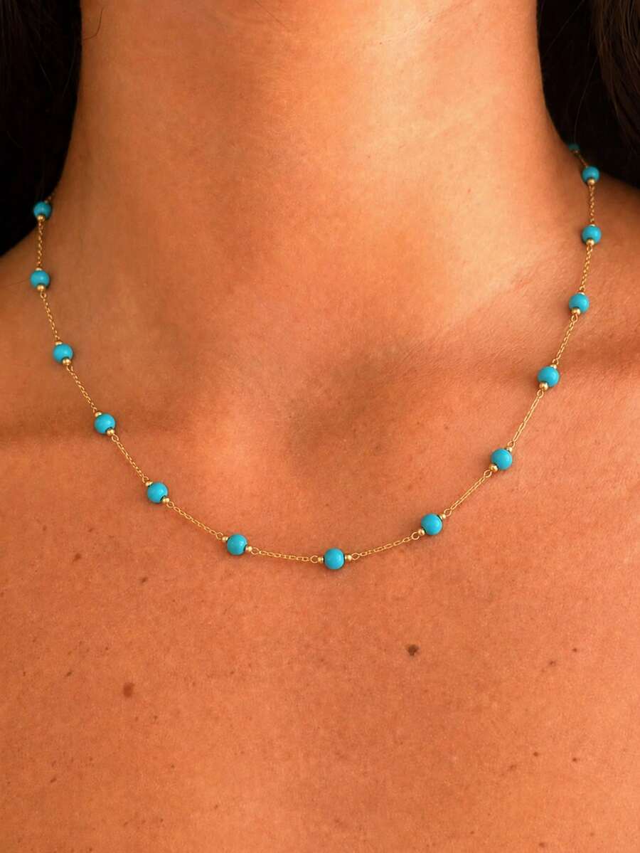 1pc Bohemian Style Necklace, Versatile Turquoise Necklace, Natural Stone Collarbone Necklace, Women's Beach Vacation Necklace - Multicolor - View 1