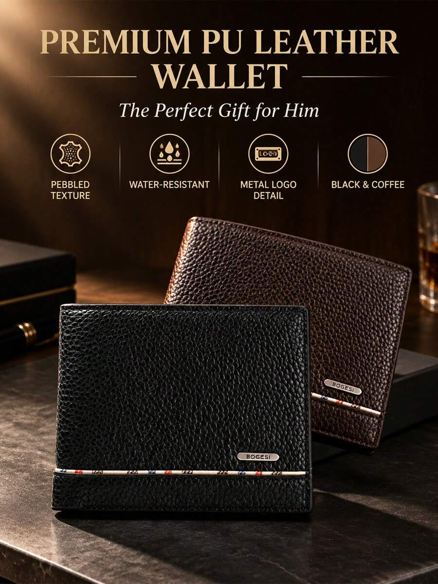 Men's Litchi Grain PU Leather Bifold Short Wallet With Card Slots, Business Style - Multicolor - View 1