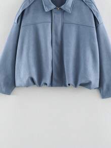 HLPHA Women's Elegant Solid Color Faux Suede Baseball Jacket, Lightweight Basic Casual Autumn Back-To-School Commuter Outerwear - Dusty Blue - View 5