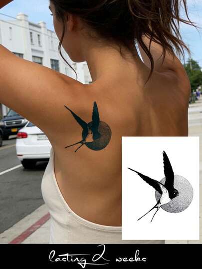 Pegatina de tatuaje semipermanente de jugo herbal, patrón artístico retro de sol y golondrina voladora, resistente a la decoloración durante 14 días, regalo para festival de música y fiesta, pegatina de tatuaje temporal para brazo, hombro, espalda, pierna, Body, 1 pieza/paquete