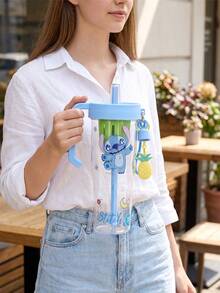 Botol Minum Plastik Miniso Disney Stitch Dinner Party Collection 1250mL/42.26FL.OZ dengan Pegangan & Sedotan, Gelas Minuman Dingin Kapasitas Besar yang Dapat Digunakan Kembali dengan Hiasan Nanas untuk Penggunaan Sehari-hari - Biru - View 7