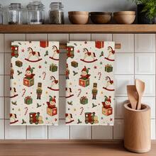2PCS Kitchen Towels Vintage Christmas Theme Print 40*60cm Retro Style Rectangular Microfiber Kitchen Towels, Dish Cloths, Tablecloths, Hand Towels, Christmas Kitchen Decor, Home Decor, Neighbor Housewarming Gift, Perfect For Kitchen And Bathroom Use, Suitable For Housewives And Family Gathering Gifts, Great Value, Household Essential - White - View 1